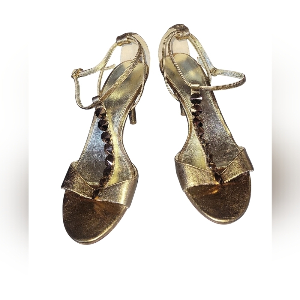 Via Spiga Women's Mettalic Bronze Strappy Heeled Ankle T-Strap Holiday Sandals
